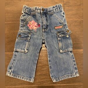 Vintage Y2K RARE Faded Glory Cargo Jeans w/ Floral Embroidery Snap-Button pocket